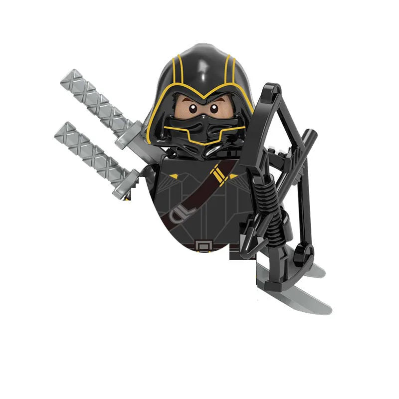 A black and yellow horror movie icon minifigure accessory with a helmet and sword, part of a building blocks set.