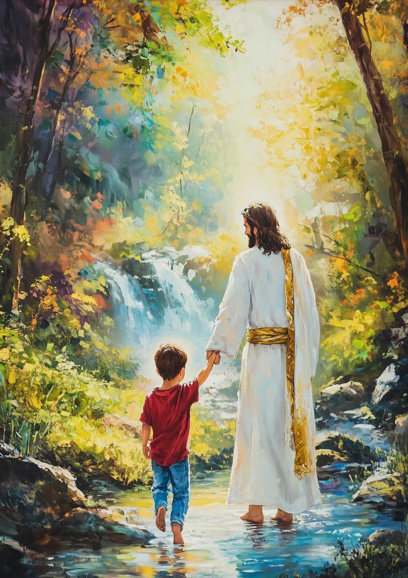 A painting depicting Jesus and a young boy standing in a stream surrounded by lush autumn foliage.