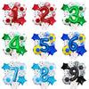A set of numbered football shaped foil balloons in various colors including red, silver, green, blue, and gold.