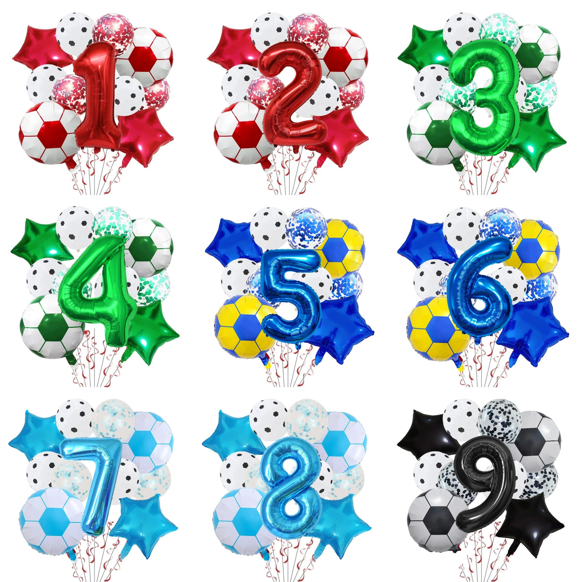 A set of numbered football shaped foil balloons in various colors including red, silver, green, blue, and gold.