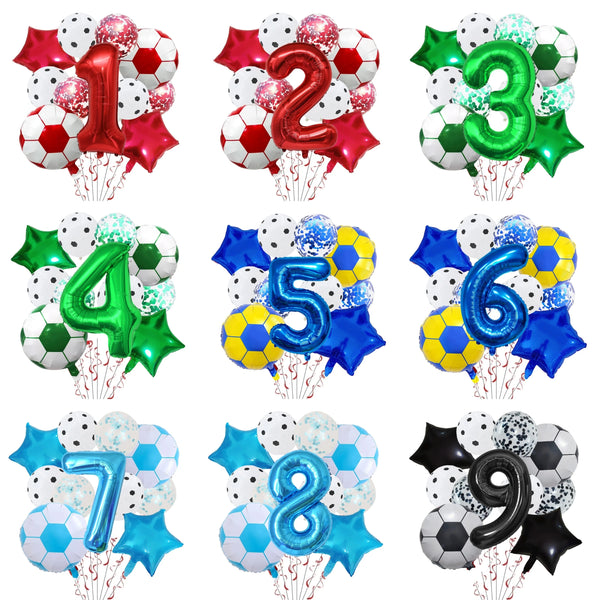 A set of numbered football shaped foil balloons in various colors including red, silver, green, blue, and gold.
