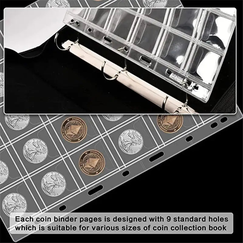 A silver coin binder page with transparent PVC pages and a metal clip is shown against a black background.