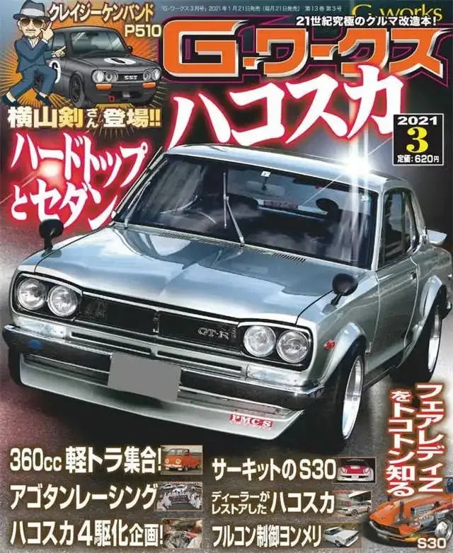 A poster featuring a silver Nissan Skyline GT-R car with Japanese text and racing themes.