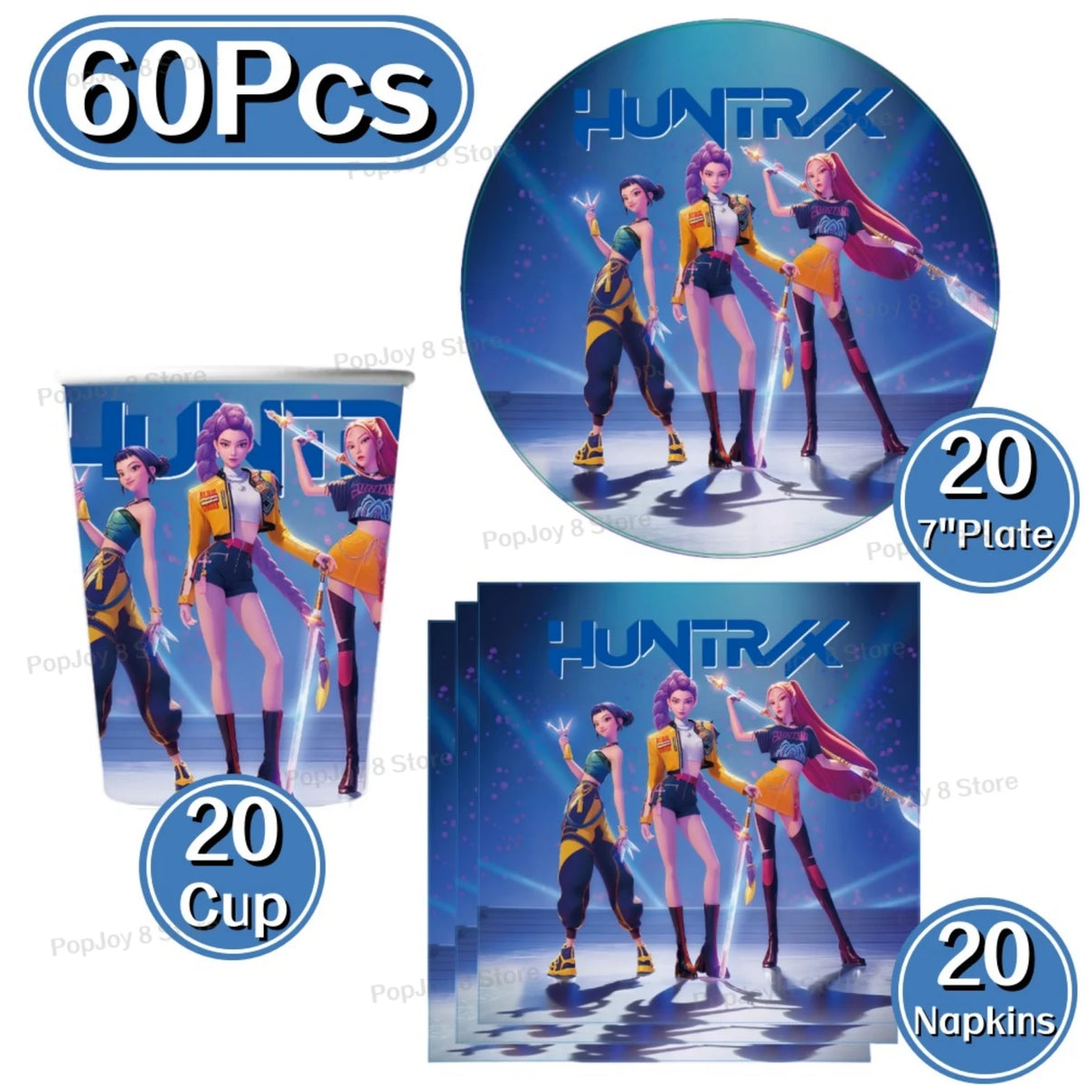 A set of 60 pieces of Kpop girl themed disposable party tableware including cups and napkins.