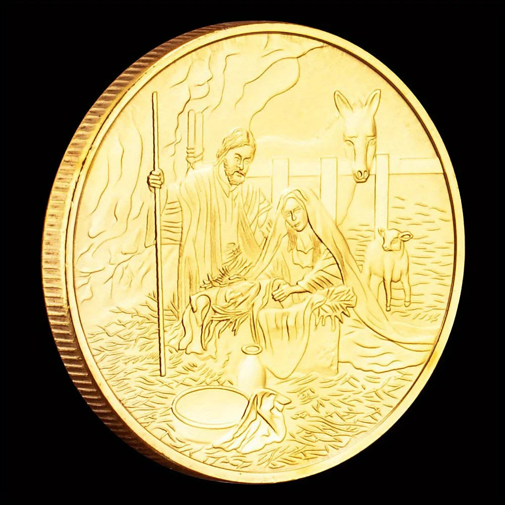 A gold-plated commemorative coin depicting a scene from the Last Supper.