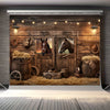 A rustic wooden barn door background featuring leather goods, hay bales, and antique farm equipment.