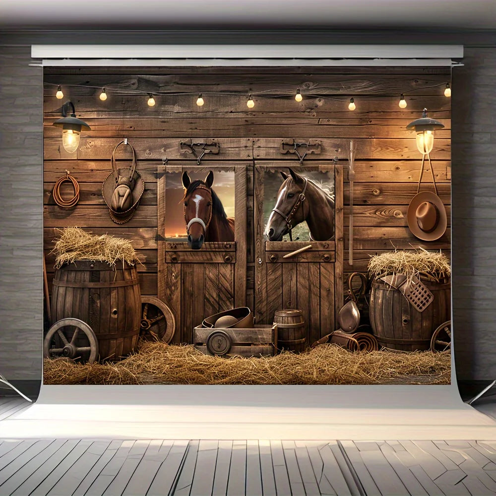 A rustic wooden barn door background featuring leather goods, hay bales, and antique farm equipment.
