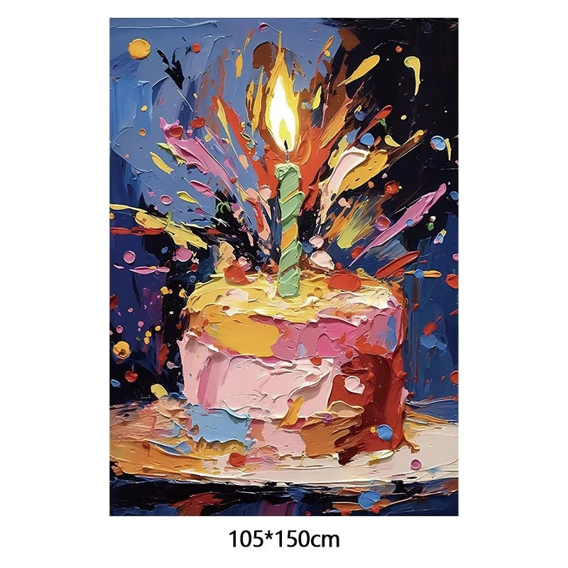 A vibrant oil painting of a birthday cake surrounded by colorful sparks and flames against a dark blue background.