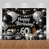 A black and gold balloon backdrop for a 60th birthday photo booth featuring balloons, confetti, and silver accents.