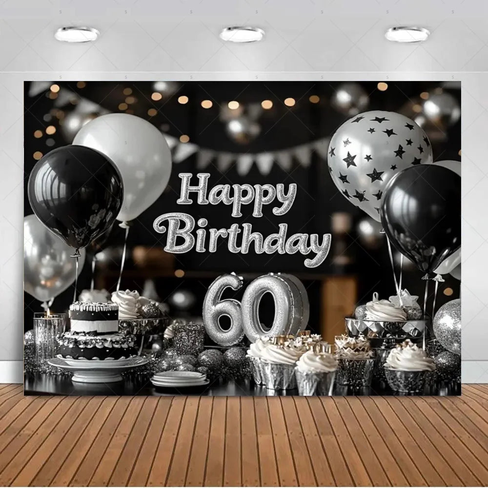 A black and gold balloon backdrop for a 60th birthday photo booth featuring balloons, confetti, and silver accents.