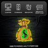 An LED wall light shaped like a money bag with a neon green dollar sign on it.