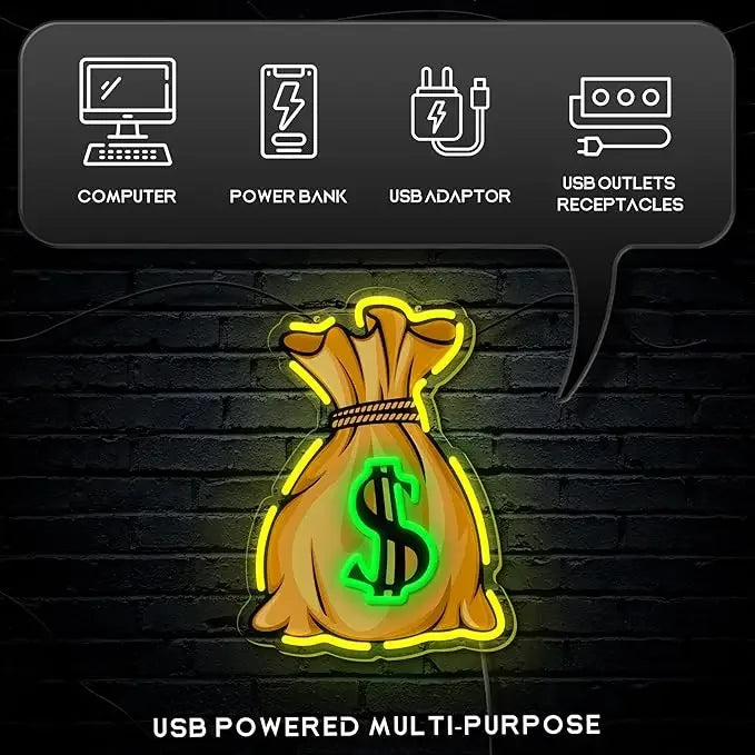 An LED wall light shaped like a money bag with a neon green dollar sign on it.
