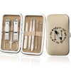 An open leather case containing an 8-piece stainless steel manicure and pedicure kit with various tools.