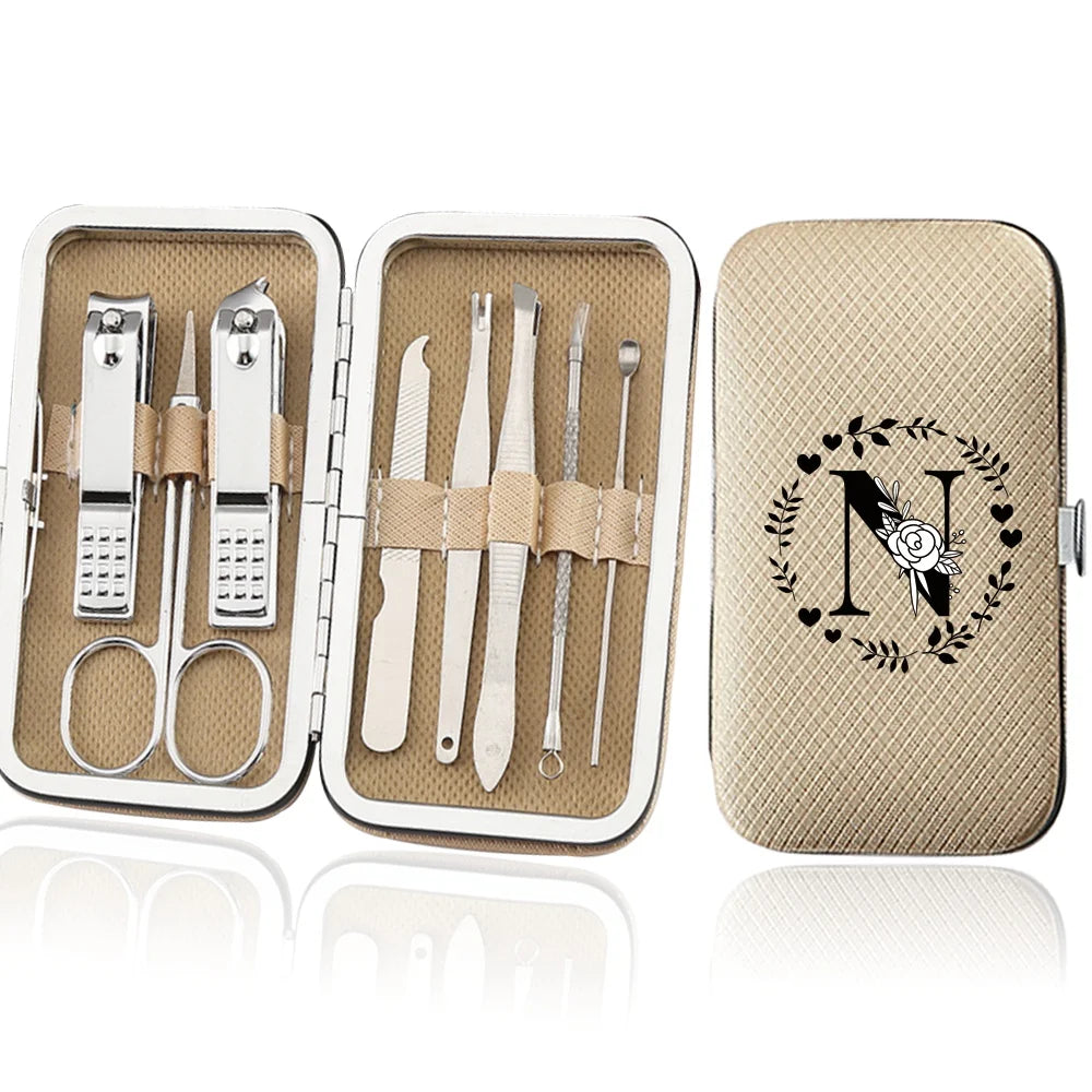 An open leather case containing an 8-piece stainless steel manicure and pedicure kit with various tools.