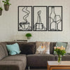 Three framed minimalist line art prints of books and literary themes on a white brick wall.
