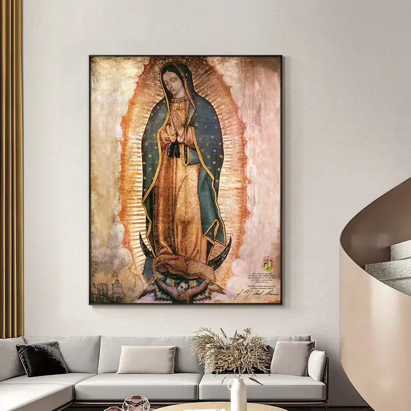 Canvas wall art depicting Our Lady of Guadalupe in a brown and blue mantle against an orange glow.