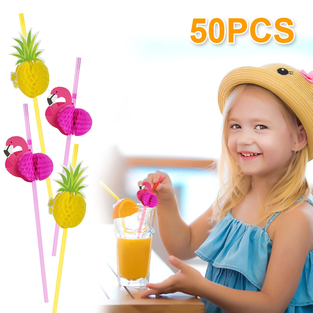 A smiling girl holds a glass of orange juice garnished with a pink flamingo and pineapple paper straw from a pack of 50.