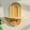 A set of geometric wooden wall shelves featuring vertical and horizontal slats with perforated sections.