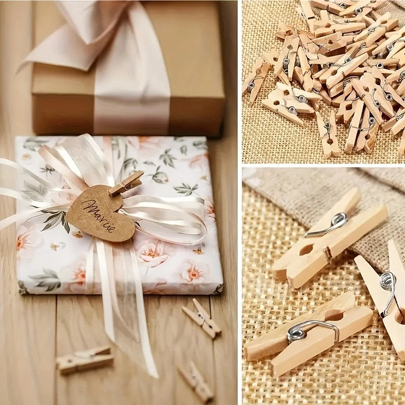 A collection of wooden mini clothespins in various natural wood tones and sizes for crafts and photo displays.
