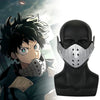 A dark-haired character resembling Izuku Midoriya wearing a white mask against a blurred city background.