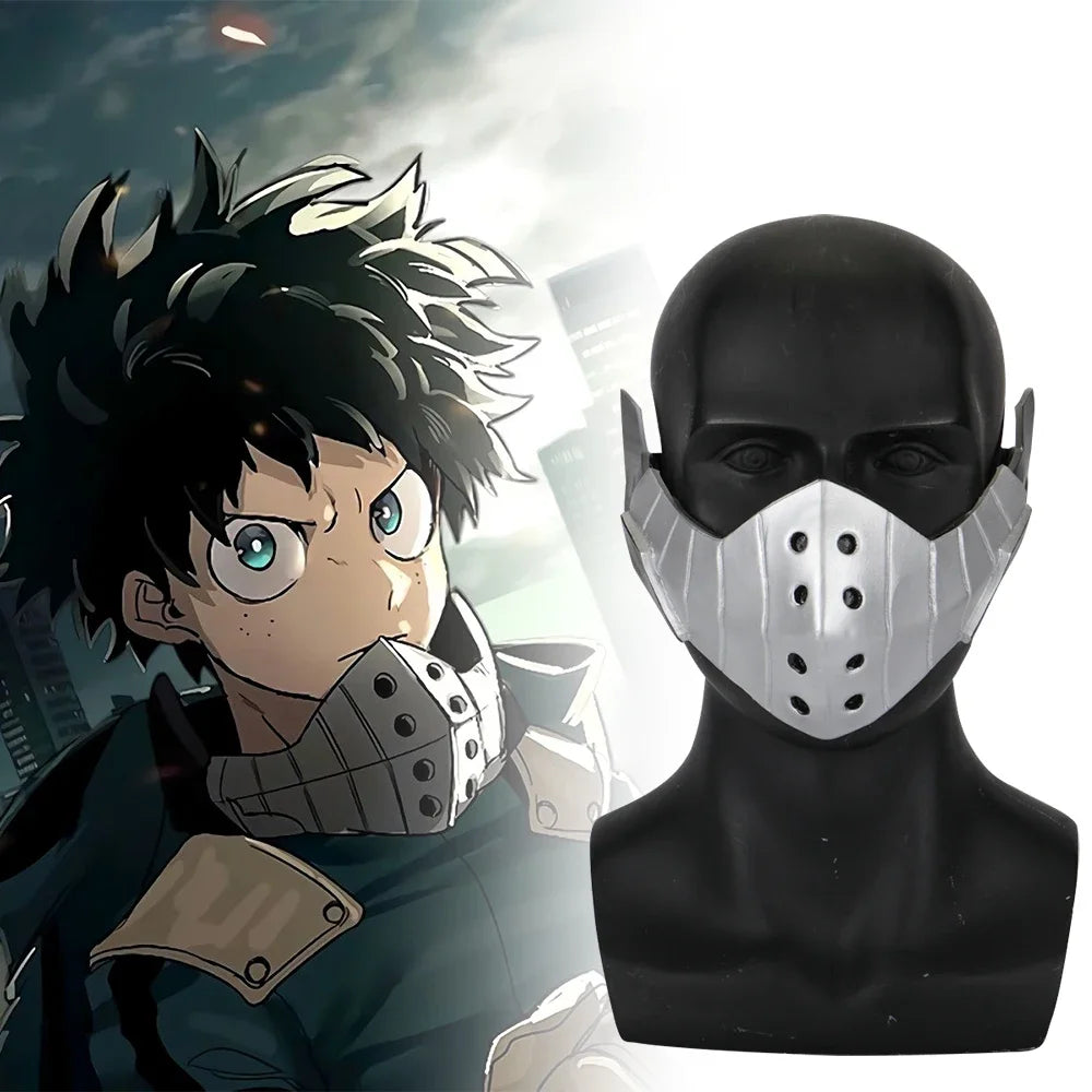 A dark-haired character resembling Izuku Midoriya wearing a white mask against a blurred city background.