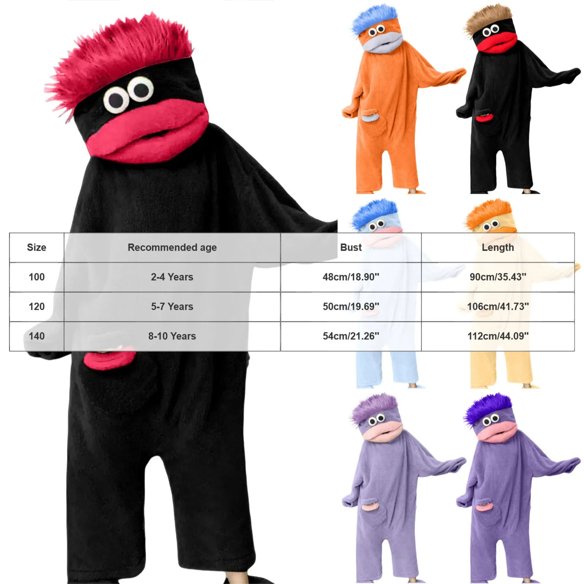 A set of black plush monster loungewear rompers for children in various sizes and colors.