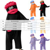 A set of black plush monster loungewear rompers for children in various sizes and colors.