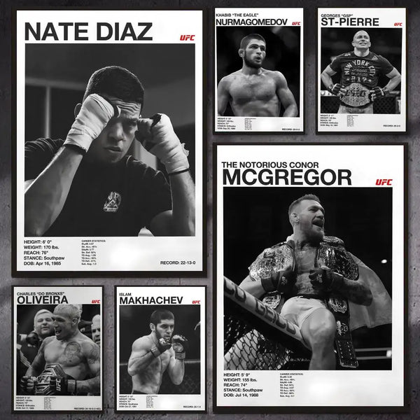 A collage of UFC fighter portraits including Nate Diaz, Margarito, St-Pierre, Conor McGregor, and Charles Oliveira.