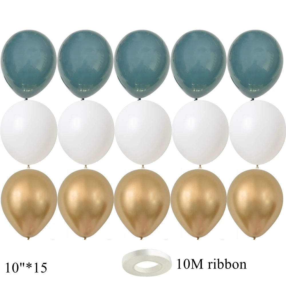 A set of 15 vintage blue latex balloons and a roll of 10M ribbon.