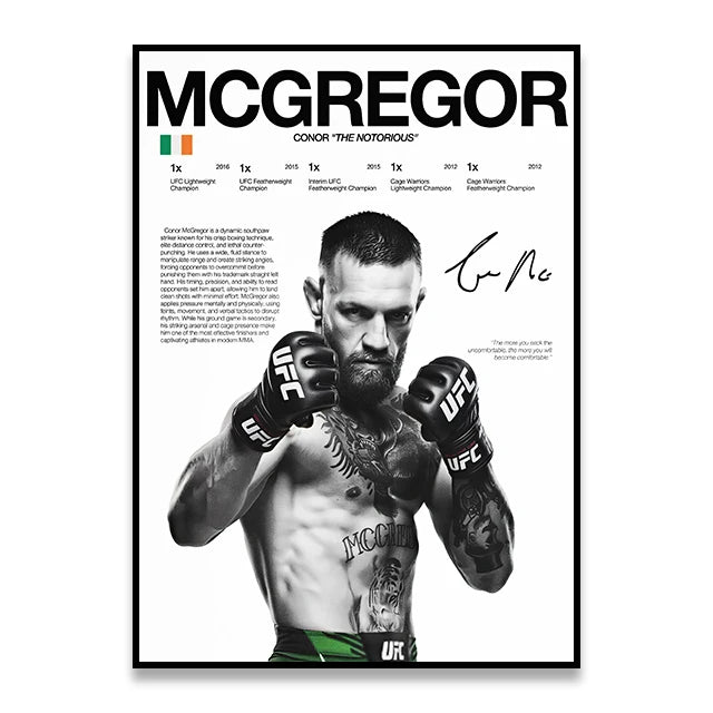 A black and white wall art print featuring a portrait of Conor McGregor with UFC championship titles listed.