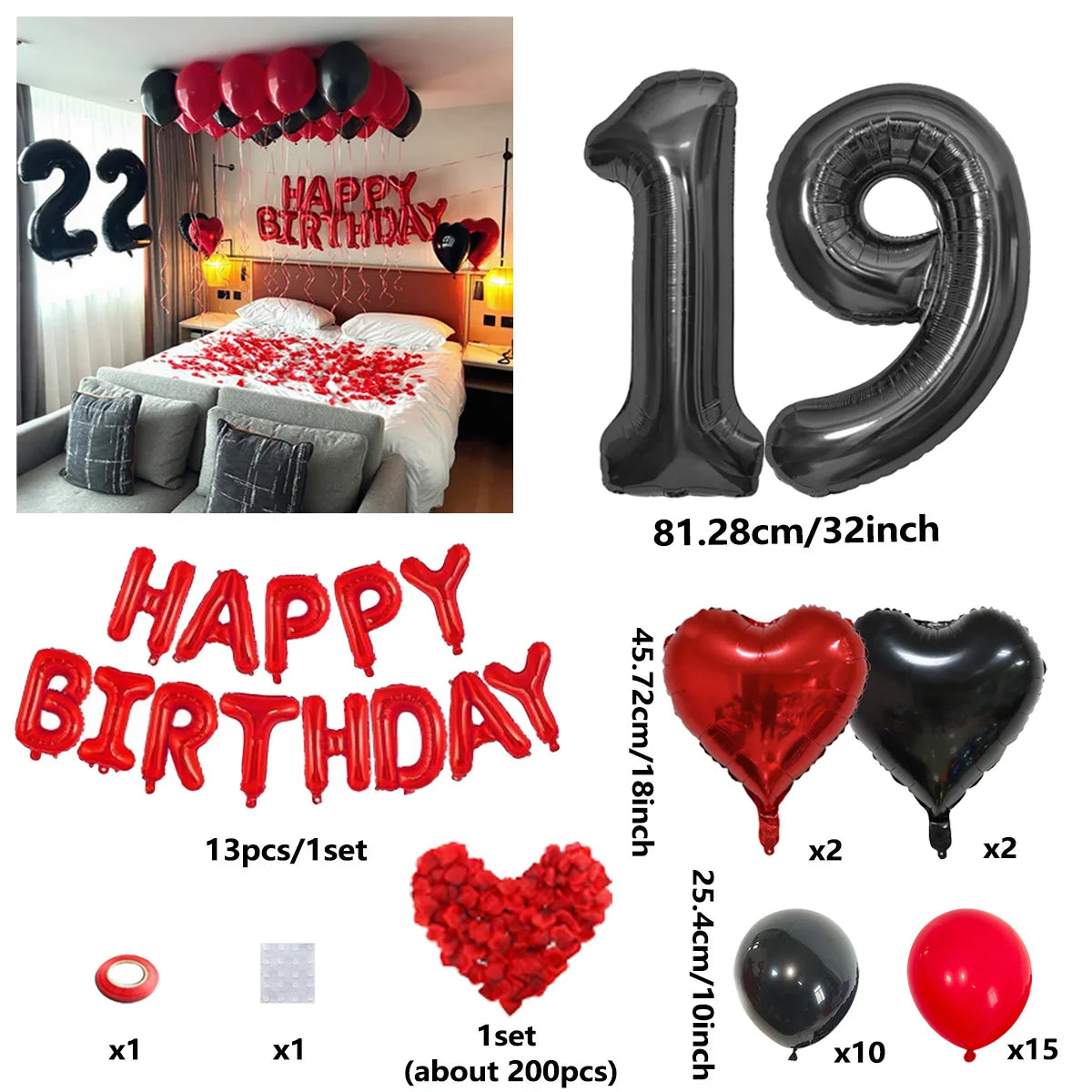 A set of red and black birthday balloons including a 19 balloon, heart shaped balloons, and a red cluster of balloons.