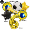 Un set de six ballons de football jaunes et bleus, incluant un ballon, une étoile et un ballon avec le chiffre 6.