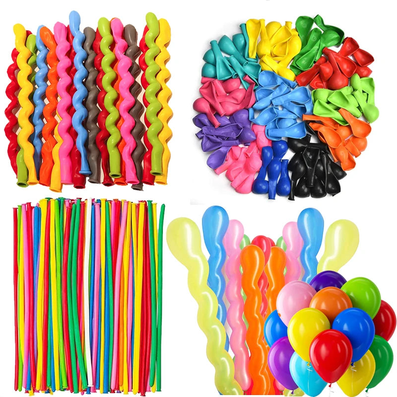Assorted latex balloons in various bright colors including yellow, green, pink, blue, and red