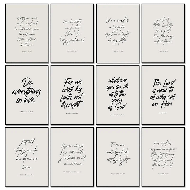 A collection of ten framed Christian Bible verses in modern typography and design.