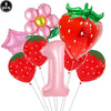 A set of nine pink and red strawberry balloons, including a number one balloon, for a party kit.