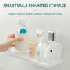 A white adhesive elephant storage rack holding various cosmetic bottles and tubes on a white shelf.