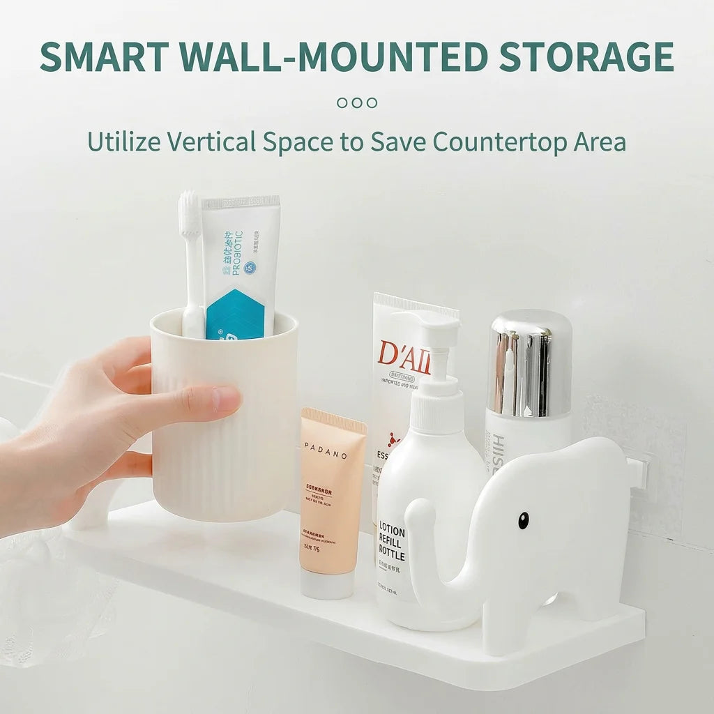 A white adhesive elephant storage rack holding various cosmetic bottles and tubes on a white shelf.