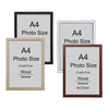 Three framed prints labeled A4 Photo Size showing wood material options and dimensions.