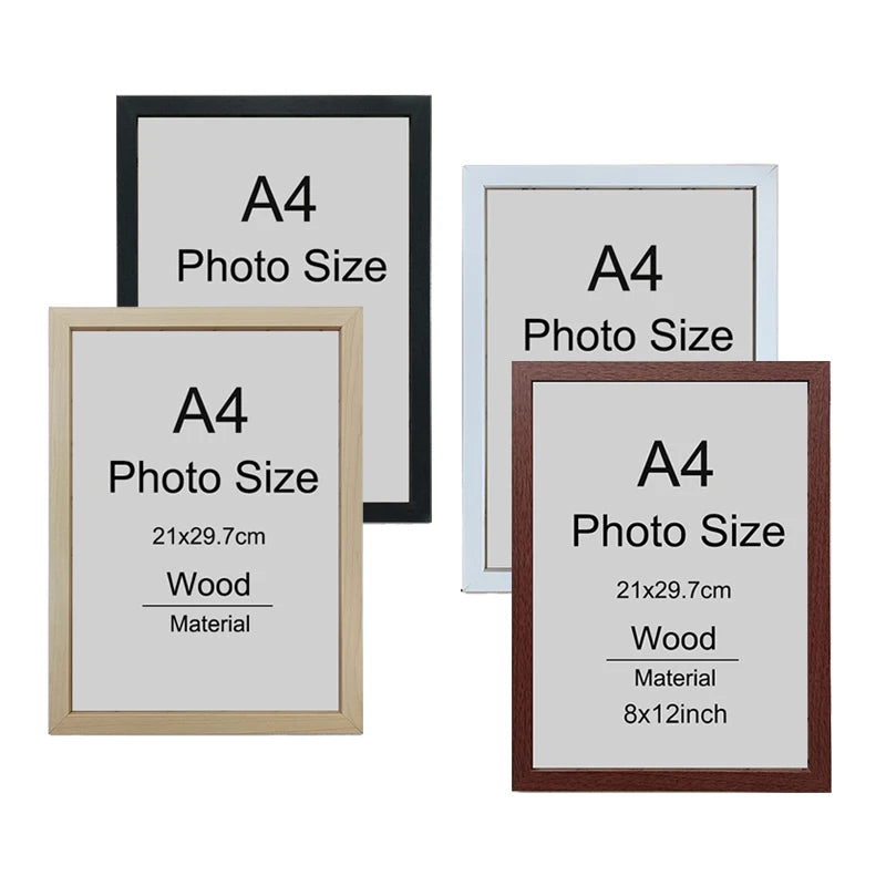 Three framed prints labeled A4 Photo Size showing wood material options and dimensions.