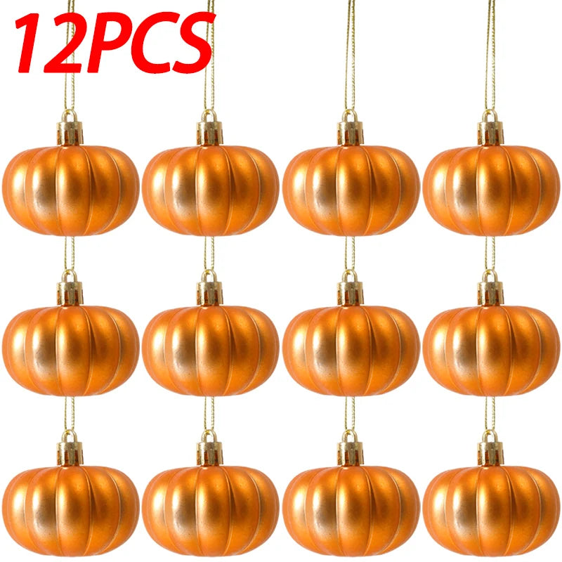 Twelve shiny copper-colored pumpkin hanging ornaments for autumn and Halloween decoration