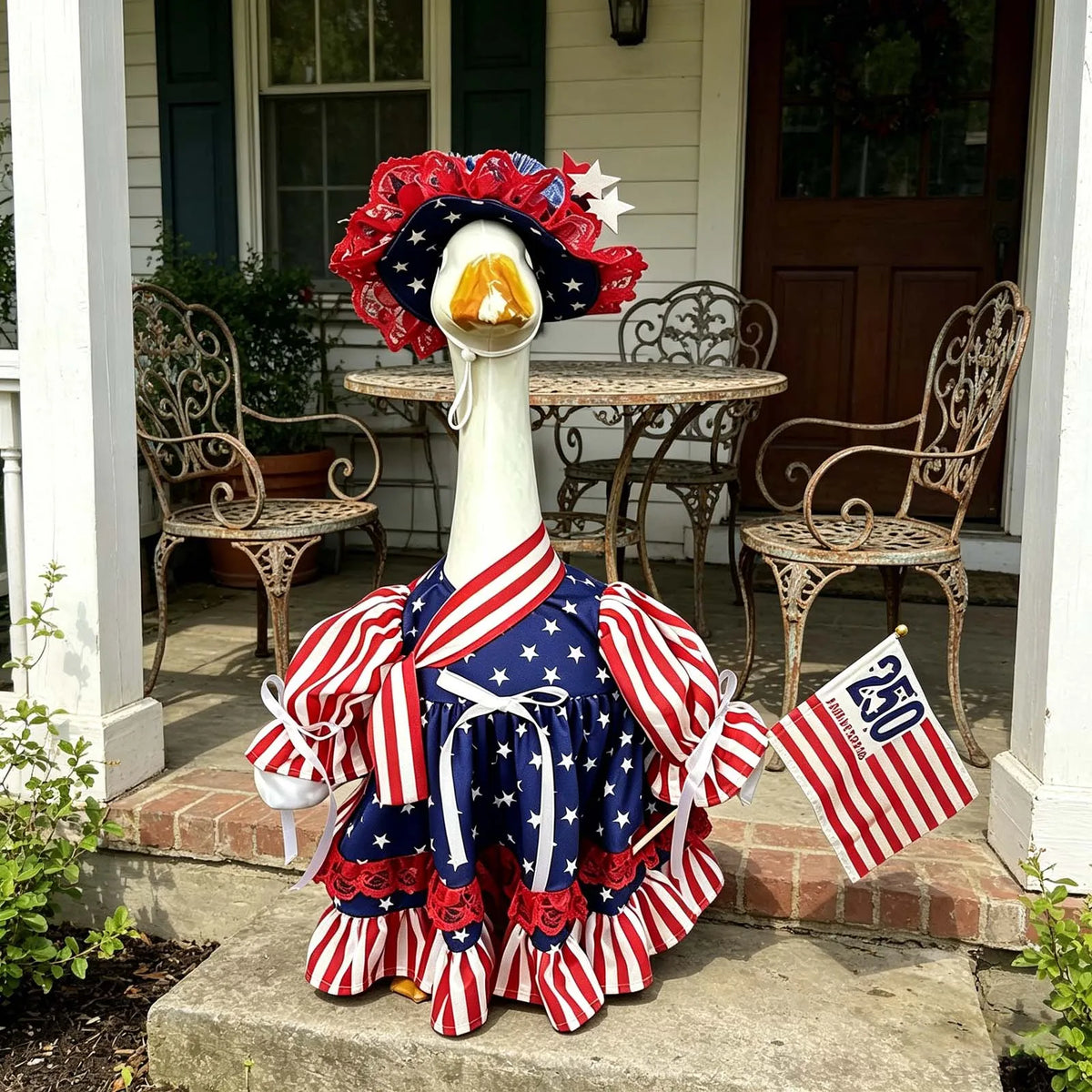A white goose costume with a red and blue patriotic outfit and a floral crown displayed outdoors.