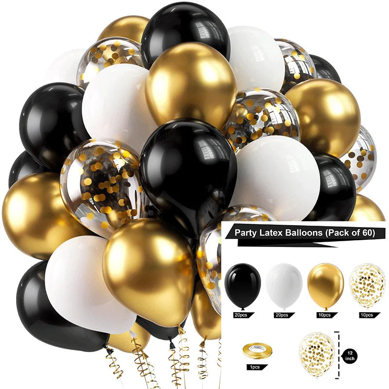A collection of black, gold, and white latex balloons in various sizes and finishes for parties
