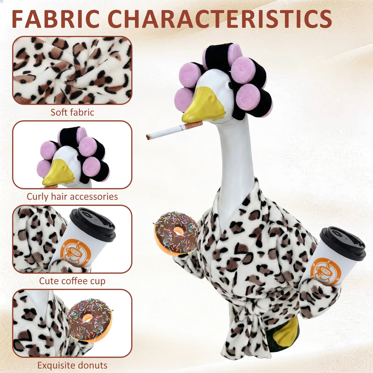 A decorative lawn goose costume set featuring a white body, black and pink accents, and accessories for curly hair and coffee