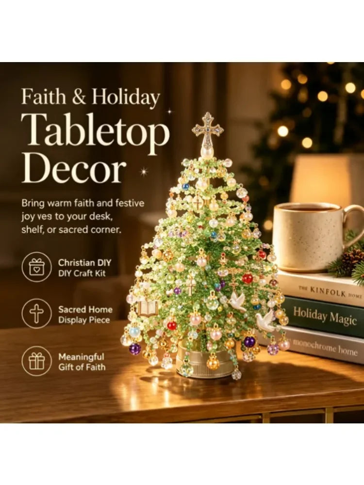 A festive tabletop decor featuring a green beaded Christmas tree with crystal accents and a cross, displayed on a wooden surf