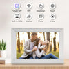 A white digital photo frame displaying a family portrait, with icons indicating Wi-Fi connectivity and features like photo an