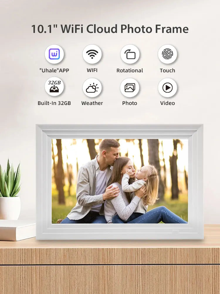 A white digital photo frame displaying a family portrait, with icons indicating Wi-Fi connectivity and features like photo an
