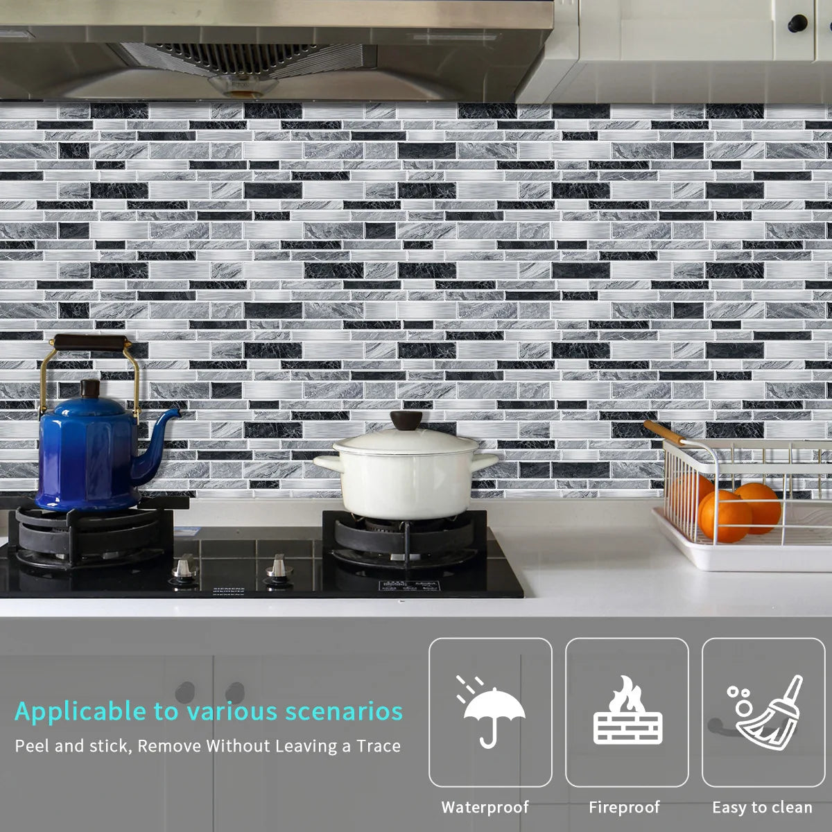 A black and white marble tile backsplash featuring a Crystal Film decal for a kitchen wall.