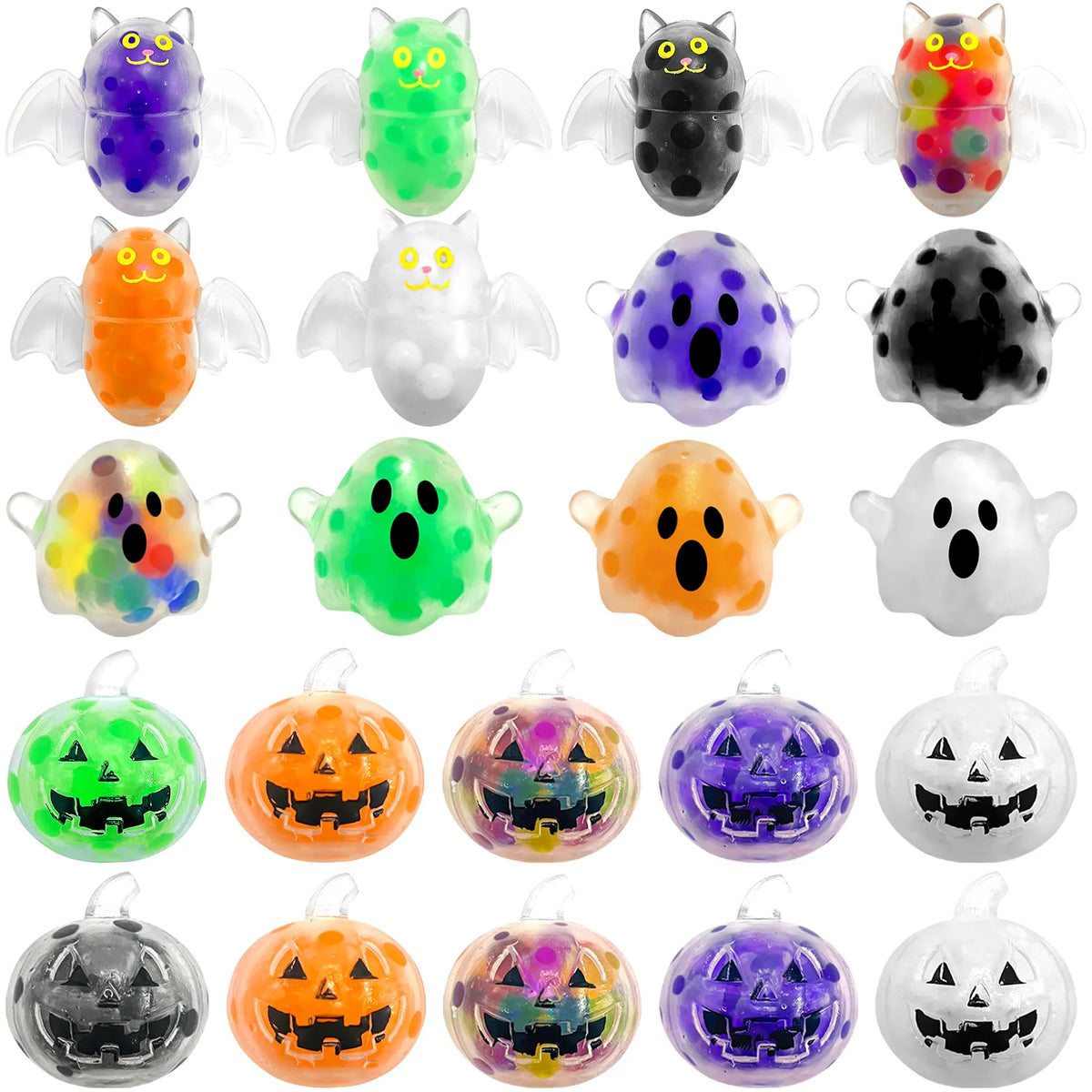 A collection of various Halloween-themed squishy beads shaped like cats, ghosts, and pumpkins in multiple colors.