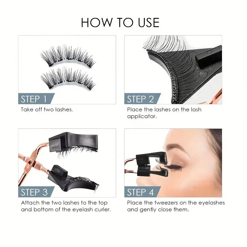Step-by-step instructions showing how to use a magnetic eyelash kit with false lashes.