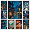 A collection of nine vertical paintings depicting atmospheric Japanese city streets and traditional architecture.